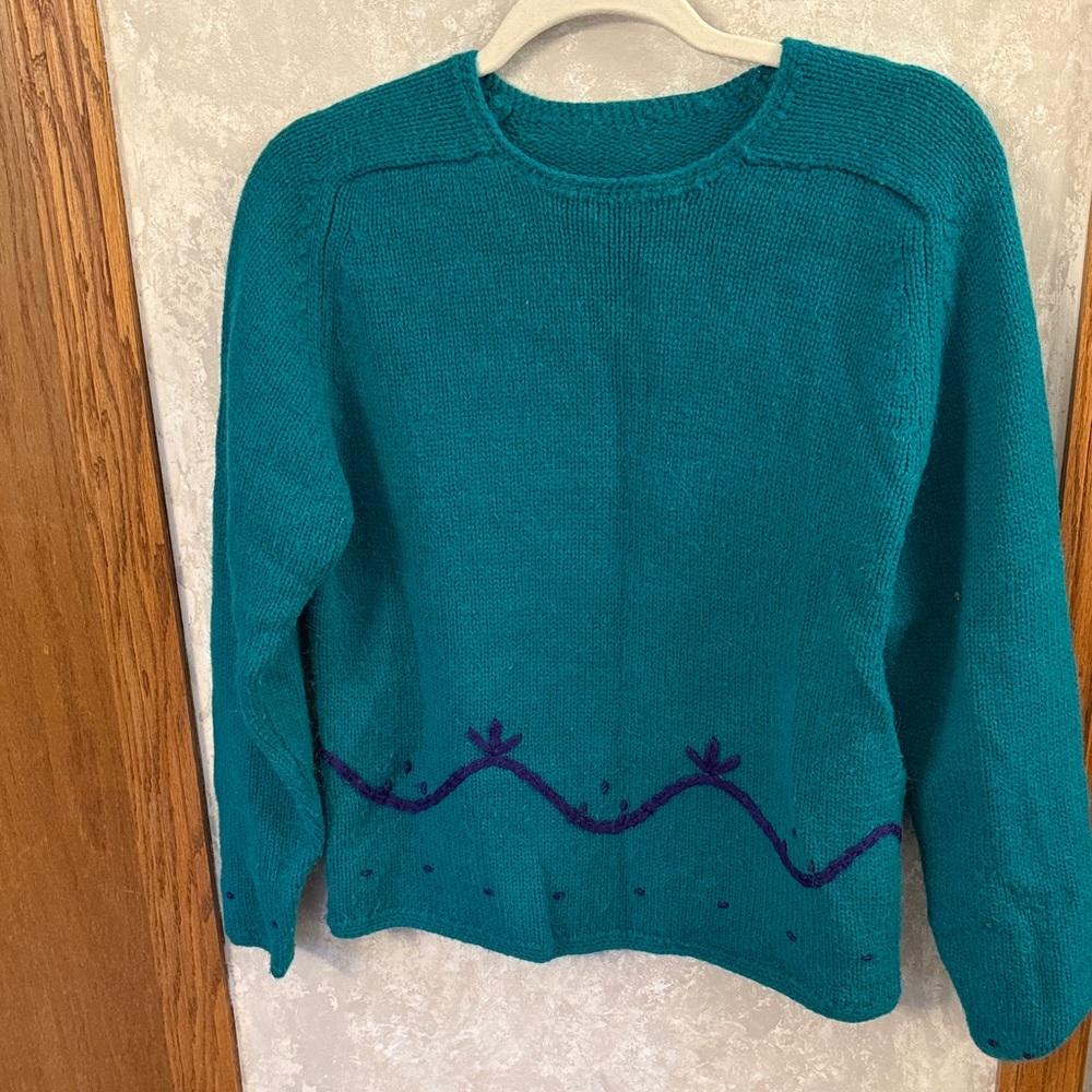 Green Sweater with Navy Embroidery